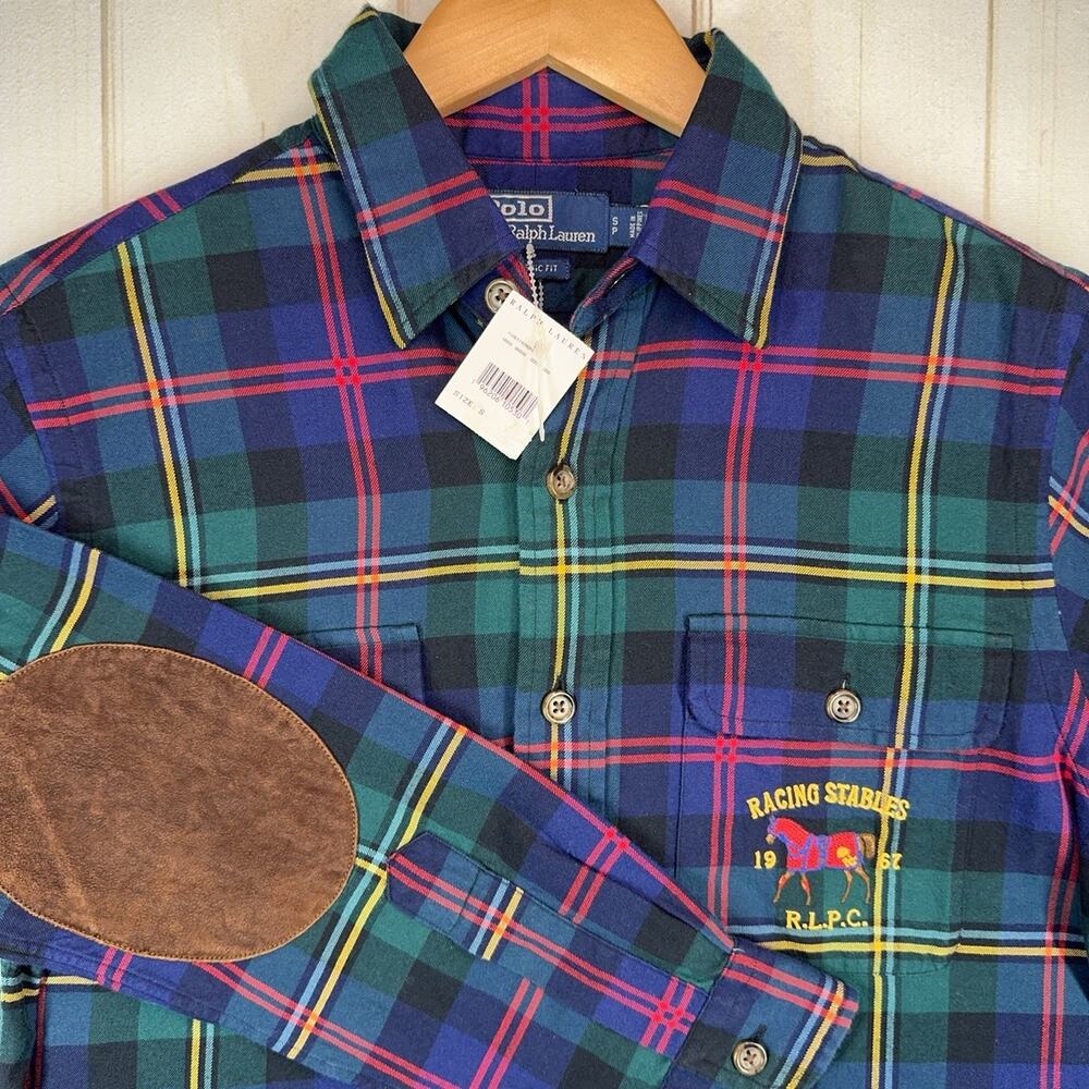 PRL Racing Stables Suede-Patch Plaid Workshirt Flannel Small Polo Ralph Lauren